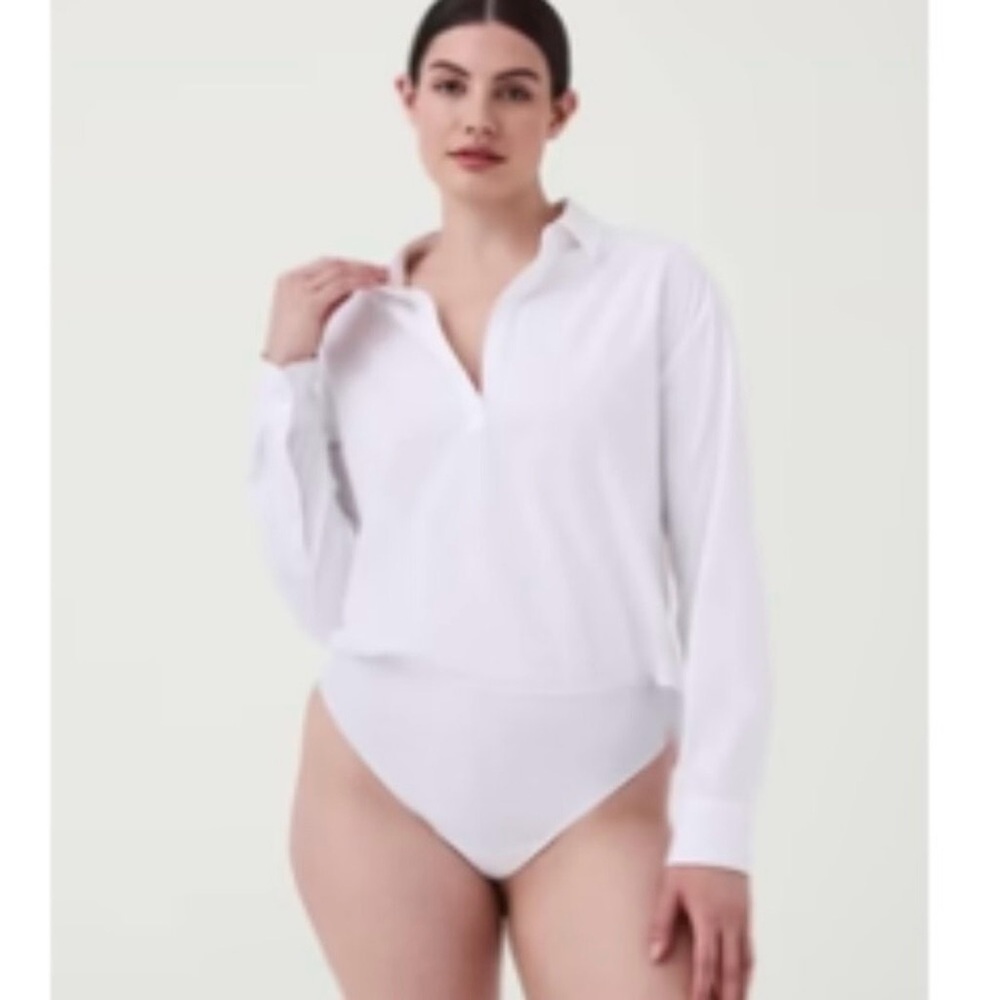 SPANX Blouse Bodysuit White | Long Sleeve Collared Bodysuit 2X Shaping Stretch
